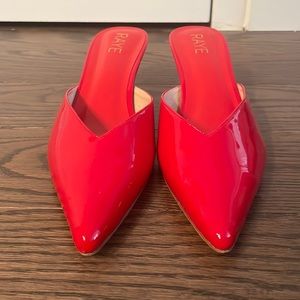 Red RAYE patent leather kitten mules in excellent condition